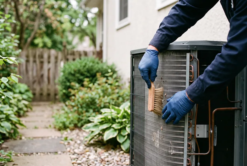 Gloved hands cleaning the fins of an outdoor unit's coil with a soft brush