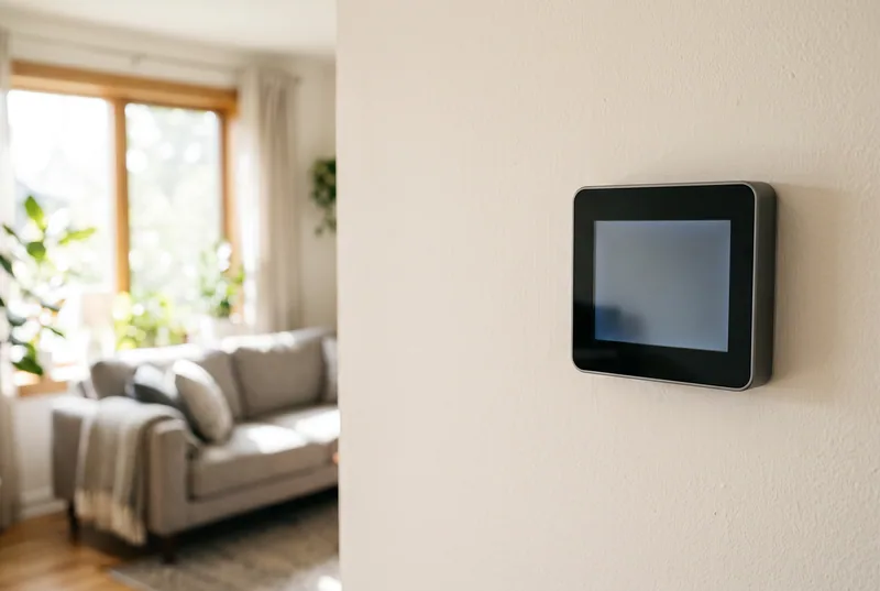 A wall-mounted smart thermostat in a sunlit living room