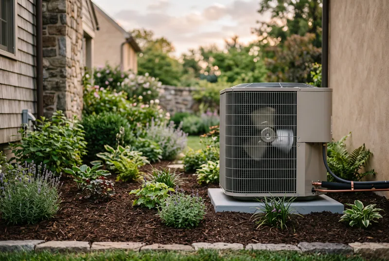 A clean outdoor air conditioning unit on a level pad with fresh mulch and small plants