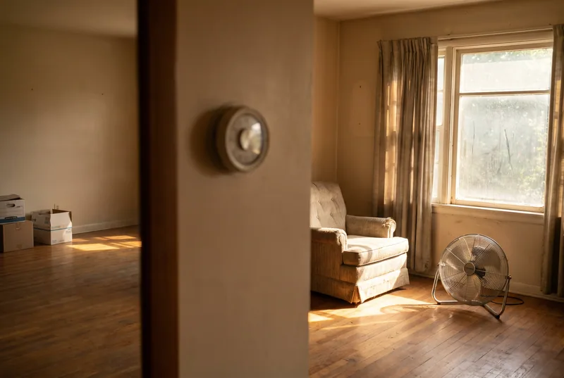 A sun-baked living room on a hot afternoon with a floor fan running and a thermostat on the wall