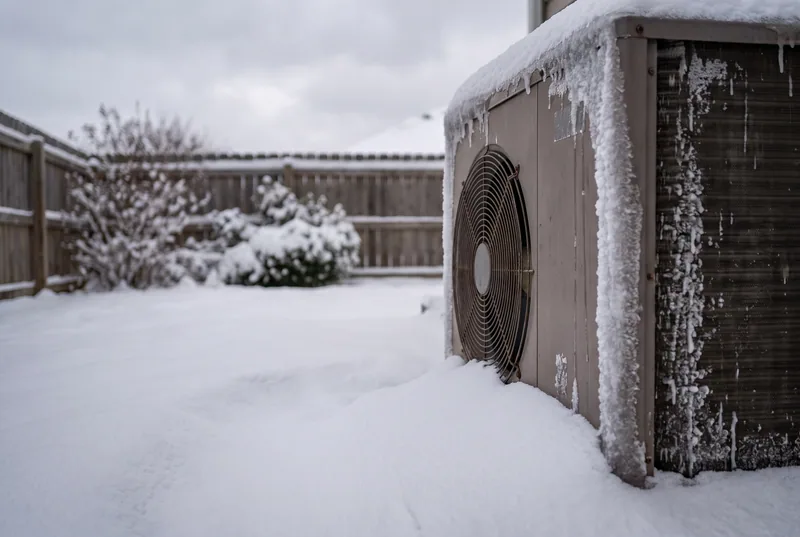 An outdoor heat pump half buried in snow, with ice along its edge